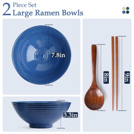 NUTRIUPS 8 Inch Ceramic Ramen Bowl Set of 2 Pho Bowls 40oz Japanese Noodle Udon Soup Bowls with Spoons and Chopsticks (Sapphire Blue)