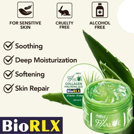 BioRLX 99% Aloe Vera Gel with Collagen and Hyaluronic Acid 230 Ml 8.45 Fl Oz Jar - For Face Body, Hair & Scalp, After Sun Relief, Natural, Soothing, Hydrating