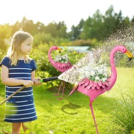 Chonsun Set of 2 Pink Metal Standing Flamingo Planters with Drain Hole Flamingo Flower Holder for Indoor Outdoor Lawn Garden Decor