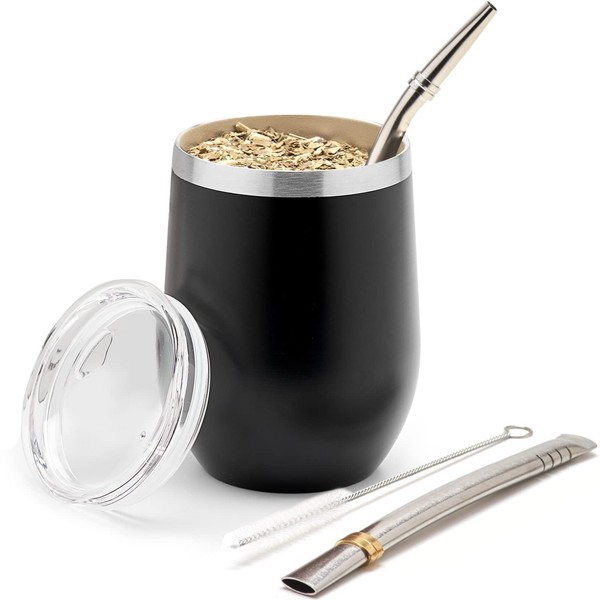 balibetov Modern Mate Cup and Bombilla Set (Yerba Mate Cup) -Yerba Mate Set Includes Double Walled 18/8 Stainless Steel Mate Tea Cup, Two Bombilla Mate (Straw) and a Cleaning Brush (Black, 235 ml)