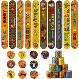 Frienda 60 Pieces Religious Knight Slap Bracelets with Button Pins Medieval Theme Wristbands Snap Bracelets Christian Pinback Buttons for Kids Christian Party Favors Sunday School Gifts