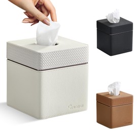 Cloudever Tissue Box Holder Cover, Modern PU Leather Square Decorative Tissue Holder Organizer-Woven New Off White
