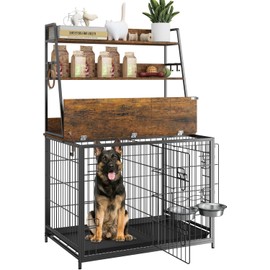 GarveeLife Dog Crate Furniture, 57 Inch Dog Kennel Furniture with Storage Shelves and Removable Tray, Indoor Dog House with 2 Doors and 2 Adjustable Bowls Vintage