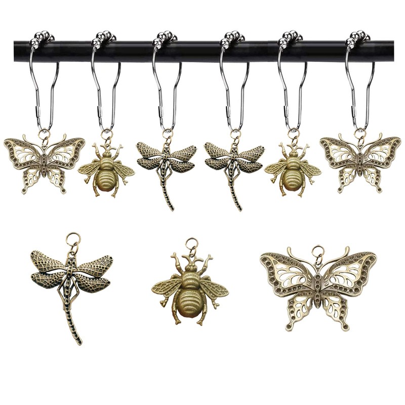 12Pcs Dragonfly Butterfly Bee Shower Curtain Hooks，Rust Proof Stainless Steel