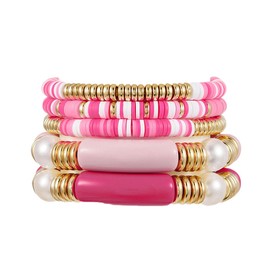 COLORFUL BLING 5-12Pcs Bohemian Love Heart Bead Bracelets for Women Vinyl Disc Heishi Surfer Stackable Stretch Bracelet Summer Beach Boho Jewelry-5pcs pink long bar