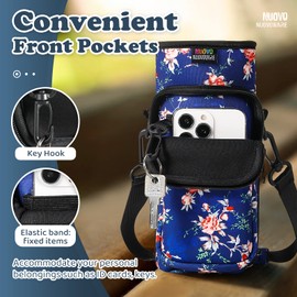 Nuovoware Bottle Holder Water Bottle Molle Bag, Insulated Neoprene Kettle with Adjustable Shoulder Strap and Front Zip Pocket for Hiking Running Cycling Hunting Travel, Blue Peony, Modern