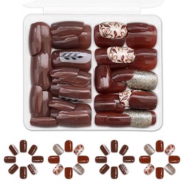 KOLONAMS 48Pcs Fall Press on Nails Short Square 2 Packs Brown Leaf Flower Glitter Design False Nails Autumn Thanksgiving Coffin Fake Nails with Nail Glues Acrylic Fall Glue on Nails for Women