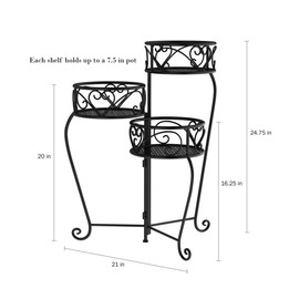 Pure Garden 50-LG1148 Plant Stand – 3-Tier Indoor or Outdoor Folding Wrought Iron Inspired Metal Home and Garden Display with Laser Cut Shelves (Black)