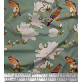 Soimoi Green Cotton Canvas Fabric White Floral & Bird Decor Fabric Printed BTY 42 Inch Wide