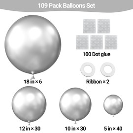 KALOR Metallic Silver Balloons 110 Pcs Different Sizes 18 12 10 5 Inch Latex Balloons Kit for Birthday Baby Shower Wedding Graduation Party Decorations