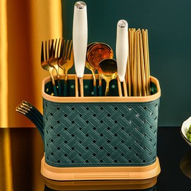 Hosoncovy Countertop Cutlery Drying Holder Utensil Holder Cutlery Drainer Tableware Holder Box Tabletop Separated Fork Chopstick Kitchen Storage Cutlery Utensil Organizer (Green)