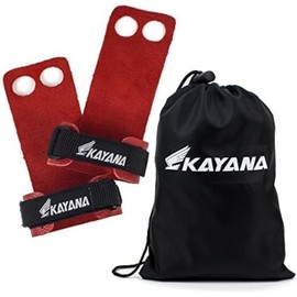 KAYANA - Puños de piel para gimnasia con 2 agujeros, protección de la palma y soporte de muñeca para entrenamiento cruzado, pesas rusas, dominadas, levantamiento de pesas, dominadas, entrenamiento y ejercicio (rojo, pequeño)