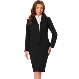 Allegra K Skirt Suit Sets for Women's 2 Piece Formal Office Notched Lapel Peplum Jacket Blazer Pencil Skirts Set Large Black