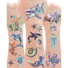 210 tatuajes temporales de vida marina, tatuajes de tiburones para niños, tatuajes de pulpo, medusas y ballenas no tóxicos, decoraciones para fiestas bajo el mar, animales marinos acuáticos, 18 hojas