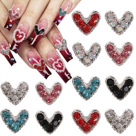 12 Pcs 3D Heart Nail Charms for Nails Valentine's Day Rhinestone Decals Love Crystal Nail 6 Color Diamonds Alloy Nail Art Jewelry Supplies Decor for Acrylic Nails for Women Girls Valentine's Day