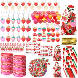 Landical 194 Pcs Sweet Strawberry Party Favors Includes Pendant Keychain Silicone Ring Bracelet Stickers Party Tags Organza Bag Stampers for Baby Shower Birthday Party Class Reward