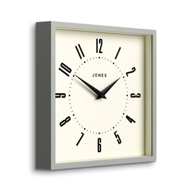 JONES CLOCKS® Box Wall Clock | Retro Square | 10 inch | Gray | Easy to Read Numbers | Perfect Kitchen or Office Clock