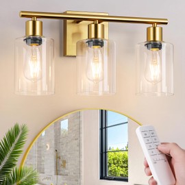 Battery Operated Wall Sconce, 3-Light Dimmable Rechargeable Wireless Vanity Light Fixture with Remote & Bulbs, Gold Indoor Non-Hardwired Decor Wall Lamp for Bedroom, Living Room, Hallway, Mirror