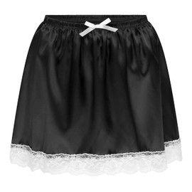 Satini Frilly Lace Sissy Ruffled Silky Satin Half Slip Petticoat Dolly Skirt (Black, M)