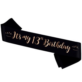 PYQWA It’s My 13th Birthday Sash, Black Sash with Pink Foil - Happy 13th Birthday Party Decor - Sweet Thirteen Years Old Birthday Sash for Girl