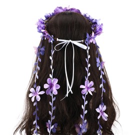 PartyforU Flower Headband for Women, Purple Floral Headpiece with Butterfly Flower Crown Vine Fairy Crown for Wedding Party Bridal Shower Renaissance