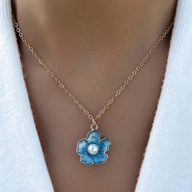 Cimenexe Bohemian Enamel Flower Choker Necklace Gold Pearl Flower Pendant Necklace Blue Enamel Flower Necklace Round Pearl Chain Necklace Jewelry for Women and Girls Gifts