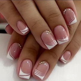 24 Pcs French Tip Press On Nails Short Square Fake Nails Nude Pink Glue On Nails With Rhinestones Designs Medium French Acrylic Nails White Nail Tip Artificial Nails For Women Nail Art Decorations Nail Care Nail Polish Polish Manicure Cutics Cosmetic