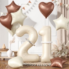 21 Number Balloons Set - Cream White, Beige, Brown Sand Foil Star Heart With Long Balloons for 21st 12th Birthday Party 1st 2nd Baby Shower Decor