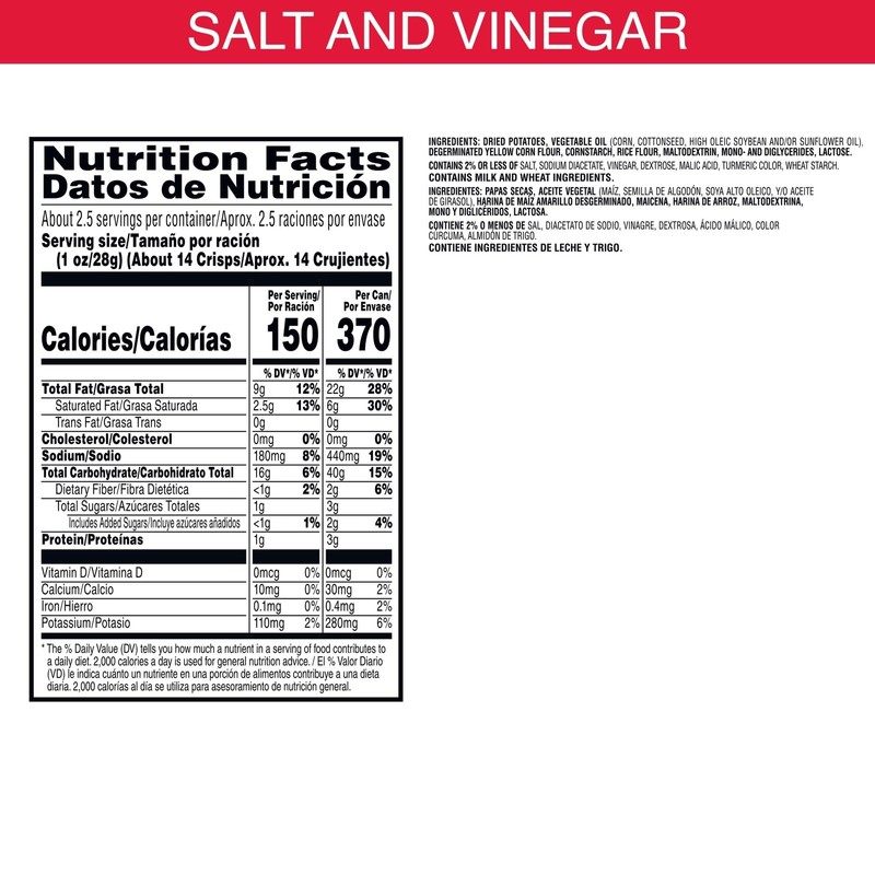 Pringles Salt and Vinegar Potato Crisps Chips, 2.2 oz, 12