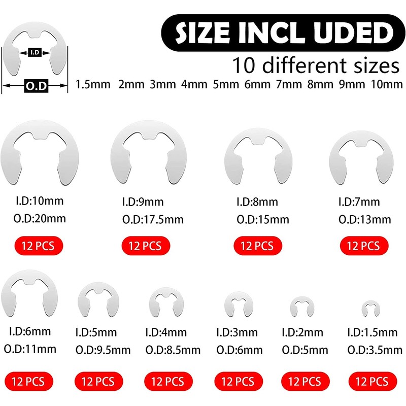 Circlip E-Clip, Circlips Snap Ring, Internal Retaining Ring, 120 Pieces