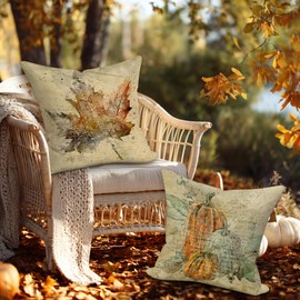 Benjia Outdoor Fall Throw Pillow Covers 20x20 Set of 4, Decorative Waterproof Oxford Retro Pumpkin 20 x 20 inch Holiday Cushion Cases Home Outside Porch Decor Decoration (Style 02)