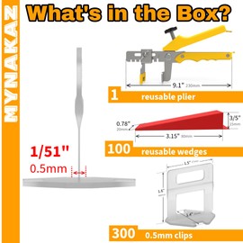 Tile Leveling System 1/51" (0.5mm), Tile Spacers with 1 Tile Plier - 300 Tile Spacers Clips - 100 Reusable Tile Wedges, Tile Tools for Floor & Wall Tile Installation