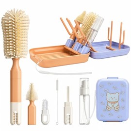8-in-1 Baby Bottle Cleaning Kit with Drying Rack & Storage Case, Portable Silicone Bottle Brush Set for Bottles, Nipples & Straws, Travel Baby Essenti