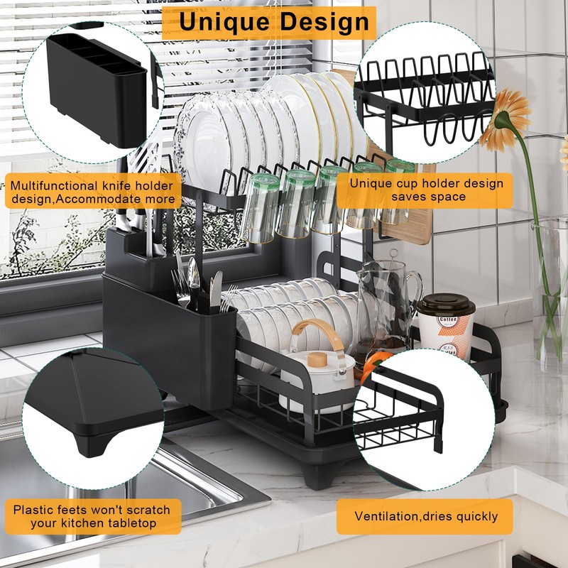 IBEDMAZIE 2 Tier Metal Dish Drying Rack Without Installation Sturdy