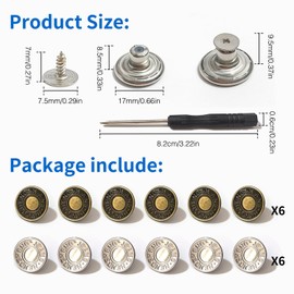 Pack of 12 Jeans Buttons Without Sewing, Buttons for Jeans, Waistband, Tighten, Button for Replacement to Expand or Reduce Trouser Size, Jeans Buttons 17 mm (Silver + Bronze)