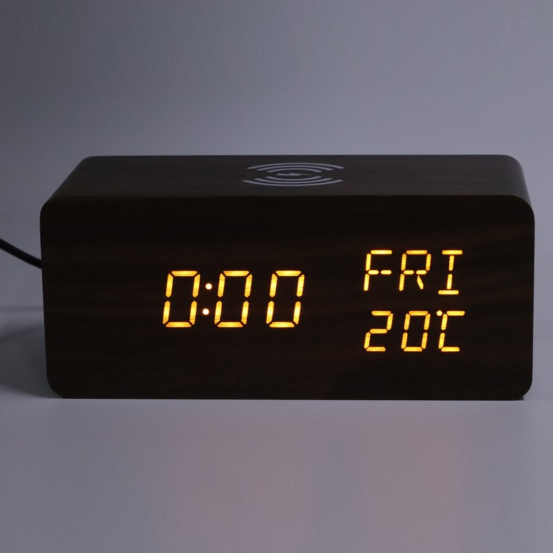 Wooden Digital Alarm Clock Yellow LED Display Adjustable Dimmer Weekday
