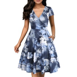 oxiuly Midi Cocktail Dresses for Women Christmas Elegant Casual Chic Cross V Neck Cap Sleeve Elegant Maternity Clothes Nursing Dress with Pockets S296 Gray Flower M