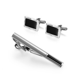 Wynameleri Cufflink Tie Clips Set Men's Accessories Gi-ft, 3PCs Men's Black Cufflinks for Men Wedding-Cardigan Clips for Men- Silver Brooch- Cufflink Box Black Polishing Cloth