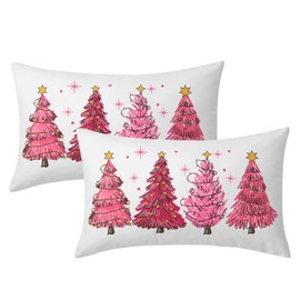 Pink Christmas Tree Lumbar Throw Pillow Covers 12X20 In Set of 2 Xmas Tree Lights Stars Decorative Rectangle Pillow Cases Winter Holiday Pillow Cover Farmhouse Home Decor For Living Room Sofa Couch