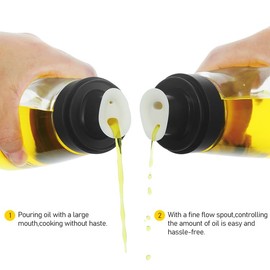 ElementalKitchen Small Glass Olive Oil and Vinegar Dispenser Bottles Set for Kitchen Cooking with Silicone Dual Pouring Spout, Soy Sauce Dispenser with Dust-proof Lid - Set of 2 (Black, 5.4 oz)
