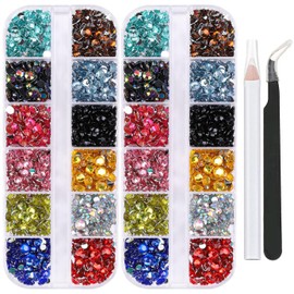 Darunyar 5200PCS Multicolored Flat back Round Crystal Rhinestones for Crafts Nail Face Art Clothes Shoes Bags DIY Non Hotfix Rhinestones 3 Sizes(3-5mm) with Tweezers and Wax Pencil Kit(12 Colors)