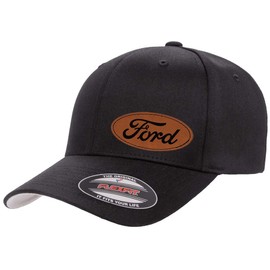 Ford Script Oval Logo Side Panel Leather Patch Laser Engraved Flexfit 6277 Athletic Baseball Fitted Hat Cap Black L/XL