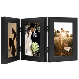 Golden State Art, Decorative Hinged Table Desk Top Picture Photo Frame, 3 Vertical Openings, 4x6 inches with Real Glass (4x6 Triple, Black)