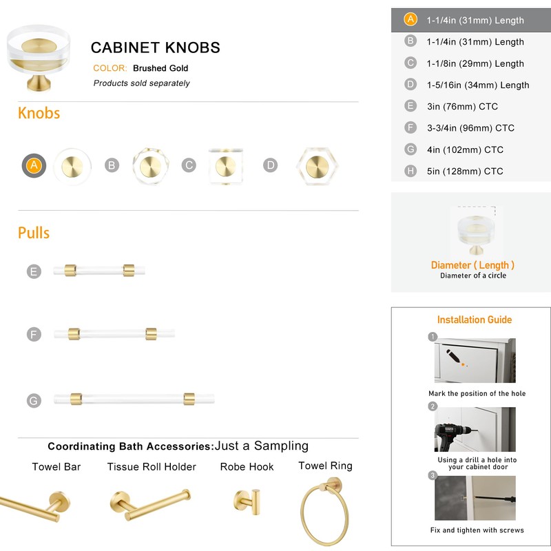 QOGRISUN 5-Pack Brass Crystal Cabinet Knobs,Glass Crystal Gold Drawer Knobs,1-1/4-Inch
