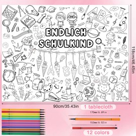 Colouring Tablecloth for First Day of School with 12 Coloured Pencils, First Day of School Tablecloth, Colouring Tablecloth for Children, Table Decoration First Day of School, Gift School Cone Filling