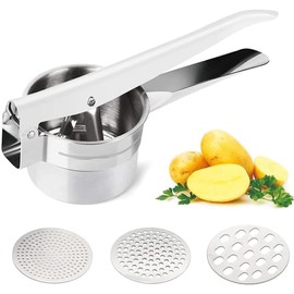 Roysmart Stainless Steel Potato Masher, Potato Masher with 3 Interchangeable Sieves, Potato Press, Multi-Purpose Potato Press for Mashed Potatoes, Vegetable Porridge, Baby Food, Juicing