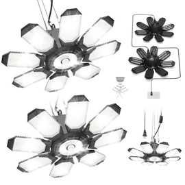 TANBABY 2 Pack Motion Sensor Garage Light, Deformable Garage Lights Ceiling LED Plug in Cord, Plug in Shop Lights with 8+1 Panels Bulb for Basement