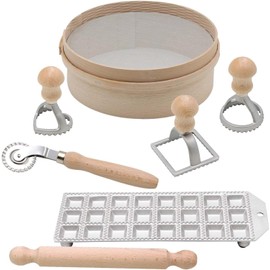 Bisetti 7 Piece Complete Pasta Kit for Ravioli Including: Rolling Pin, Ravioli Tin, Ravioli Stamps, and Pasta Cutting Wheel