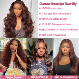 Homgoss Chocolate Brown 13x6 Body Wave Lace Front Human Hair Wigs For Women Pre Plucked HD Transparent Lace Frontal Wig With Baby Hair #4 Color 22Inch 250 Density Human Hair Lace Wig