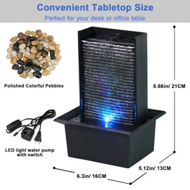 Small Indoor Tabletop Fountain with LED Lights, Relaxing Desk Waterfall Fountain with Natural River Rocks, Decorative Indoor Water Feature for Home Office
